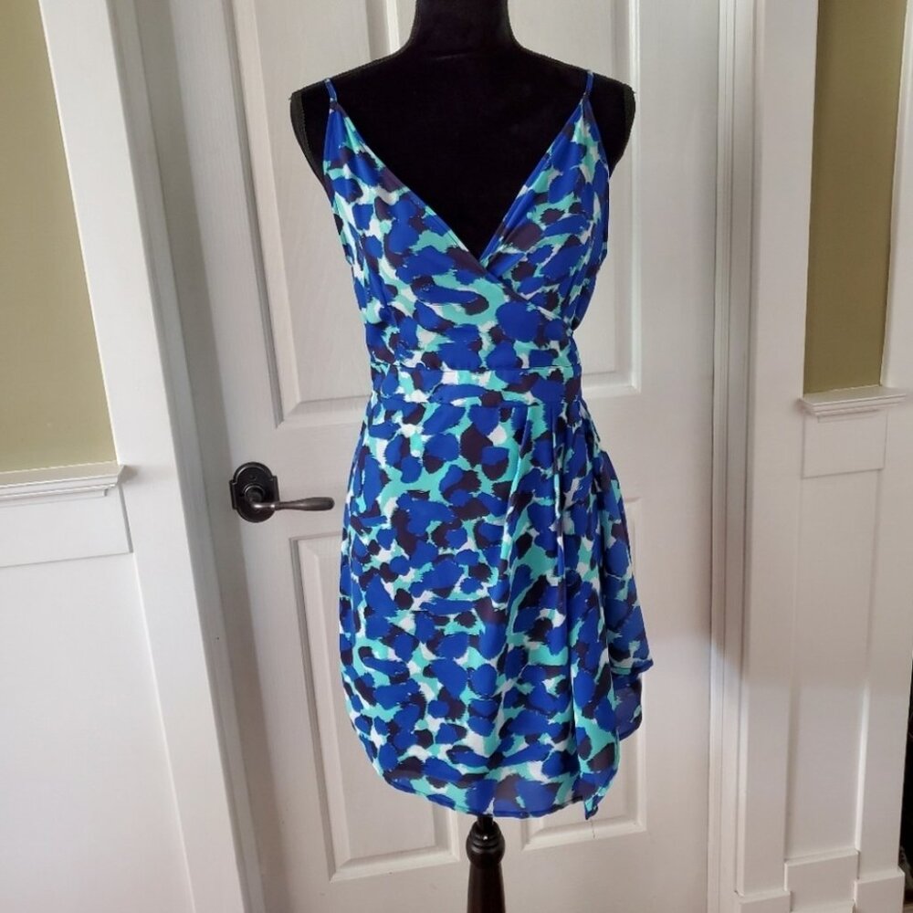 Aqua blue splatter cross over front spaghetti strap  dress